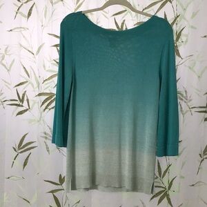 Chico’s stylish shades of Teal Ombre Sweater with 3 quarter sleeves. Sz 1 (8-10)